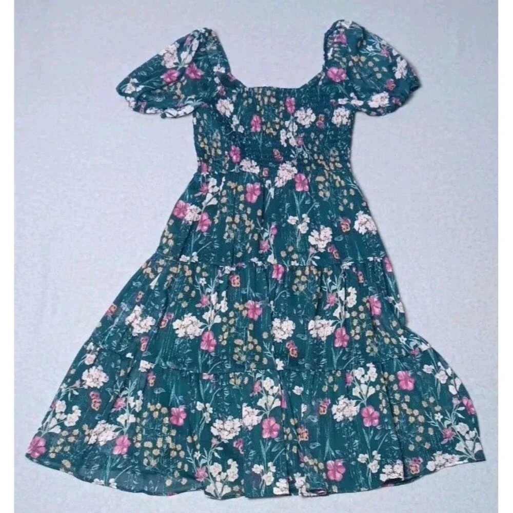 NWT! Lily Rose Smocked Tiered Maxi Dress Juniors Large Jade Blossom Green Puffed